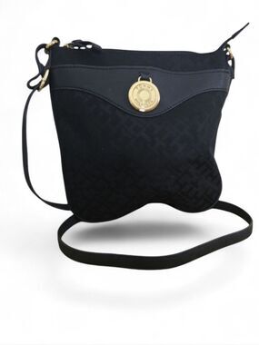Tommy Hilfiger Black Faux Leather Canvas Crossbody Bag